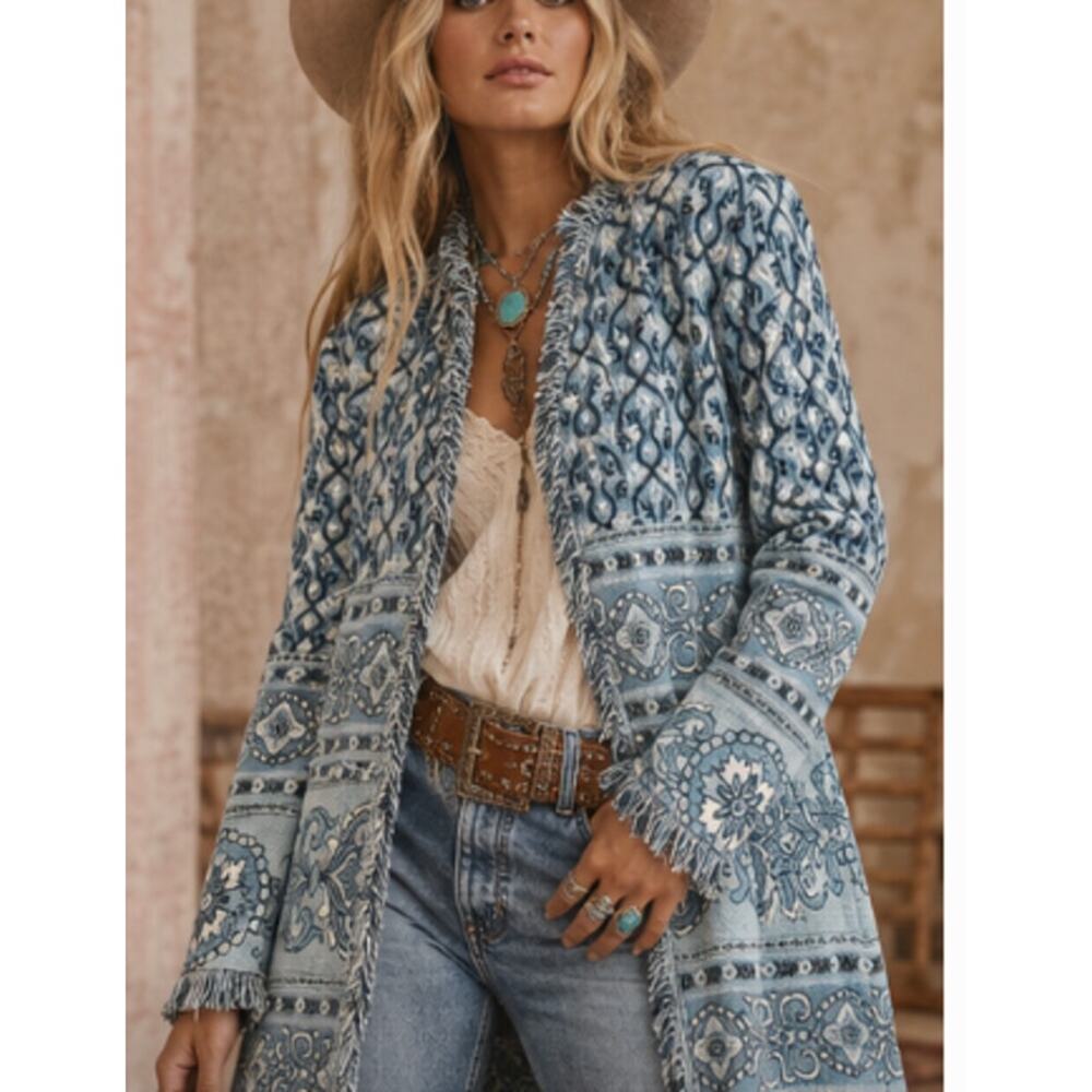 ST JOHN Blue Boho Cardigan Weater Paisley size Medium - Picture 7 of 8